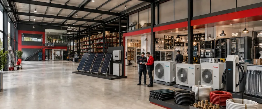 ERAM Group distribution centre and trade counter, with HVAC, electrical, plumbing and solar product displays